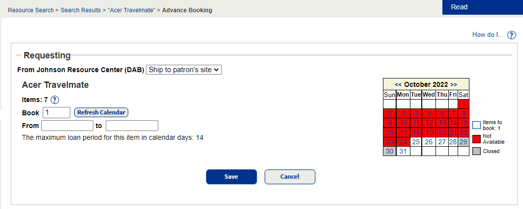 Advance Booking page from a patron's site.